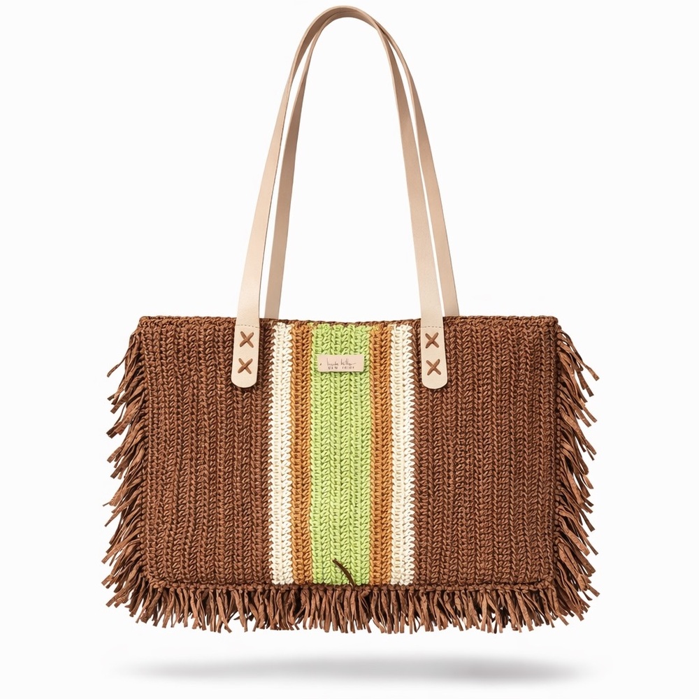 NWOT Nicole Miller Boho Brown and Green Tote Bag Oversized Straw Shoulder Bag - Picture 3 of 8